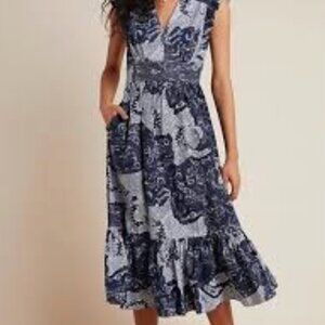 Anthropologie Navy and White Midi Dress